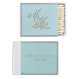 The Elegant Script Mr And Mrs Wedding Match radiates elegance.  The design showcases “Mr. and Mrs.” in swirling script, underscored by a sweet bough with heart-shaped leaves. The reverse side displays the couple’s last name, accompanied by the celebration date, crafting a royal statement for the newlyweds.