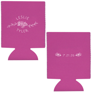 ForYourParty's personalized Pastel Pink Flat Can Cooler with Matte Army Green Ink Cup Ink Colors has a Peony Flourish 2 graphic and a HandWreathRSVP graphic and is good for use in Lovely Press themed parties and will look fabulous with your unique touch. Your guests will agree!