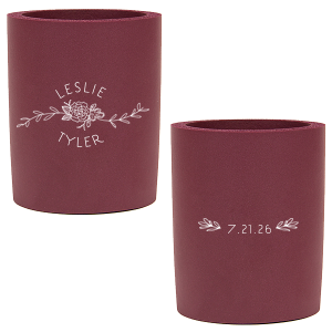 ForYourParty's personalized Pastel Pink Flat Can Cooler with Matte Army Green Ink Cup Ink Colors has a Peony Flourish 2 graphic and a HandWreathRSVP graphic and is good for use in Lovely Press themed parties and will look fabulous with your unique touch. Your guests will agree!