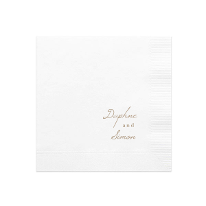 The Romantic Script You and Me Napkin exudes understated sophistication. Positioned in the lower right corner, it features the couple's first names in delicate, stacked script. This design suits a couple who embrace subtlety and elegance, making a quiet yet refined statement about their union, perfect for those who prefer their celebration to be intimate and heartfelt.