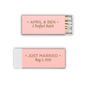The Modern Perfect Match matchbox stylishly displays the couple’s names in bold block letters, framed by dots. Below, “A Perfect Match” in traditional script adds whimsy. The reverse side proclaims “JUST MARRIED,” with the wedding date, melding modern design with romantic charm.