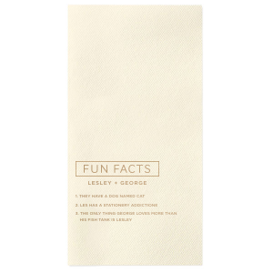 Entice guests with the Block Fun Facts Napkin featuring a bold, framed 'Fun Facts' header above an organized list of intriguing trivia about the couple. A modern, straightforward design that fosters guest interactions, perfect for lovers of structure and storytelling at celebrations.