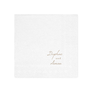 The Romantic Script You and Me Napkin exudes understated sophistication. Positioned in the lower right corner, it features the couple's first names in delicate, stacked script. This design suits a couple who embrace subtlety and elegance, making a quiet yet refined statement about their union, perfect for those who prefer their celebration to be intimate and heartfelt.