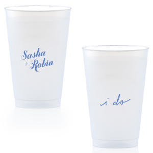 Our custom Matte Periwinkle Ink 9 oz Frost Flex Cup with Matte Periwinkle Ink Cup Ink Colors has a i do! graphic and is good for use in Laurel Denise, Wedding themed parties and can be personalized to match your party's exact theme and tempo.