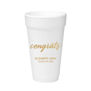 Our beautiful custom Gold Ink 20 oz Styrofoam Cup with Gold Ink Cup Ink Colors has a Congrats graphic and is good for use in Words, Hearts, Wedding themed parties and can be personalized to match your party's exact theme and tempo.