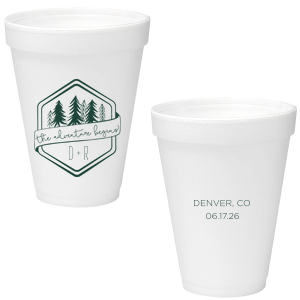 Kick off your lifelong adventure with the Adventure Begins Wedding Cup. Featuring a pine tree-framed hexagon and a playful ribbon announcing "The adventure begins," this design captures the thrill of new beginnings. Perfect for couples ready to explore life together.