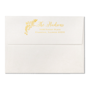 ForYourParty's elegant Lettra Pearl White 110lb Invitation Envelope with Shiny 18 Kt Gold Foil has a Rustic Floral Accent 2 graphic and is good for use in Accents, Wedding, Anniversary themed parties and will look fabulous with your unique touch. Your guests will agree!