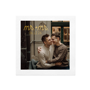 Our custom White Borderless Custom Photo + Foil Cocktail Napkin with Shiny 18 Kt Gold Foil has a Mr. and Mr. 2 graphic and is good for use in Words, Wedding themed parties and will add that special attention to detail that cannot be overlooked.