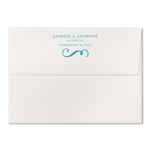 Our personalized Lettra Pearl White 110lb Invitation Envelope with Satin Teal / Peacock Foil has a Fancy Flourish 6 graphic and is good for use to accent a phrase and are a must-have for your next event—whatever the celebration!