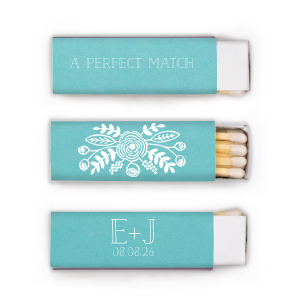 The Floral Crown Matchbox design radiates homespun whimsy with its simple, sweet font highlighting the couple's initials and event date. The back enchants with a hand-drawn foliage burst and a central peony, symbolizing the blossoming union and romance of the couple's wedding day.