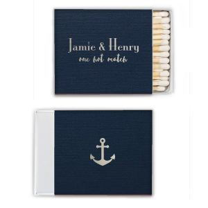 Set sail with the Nautical Pair Matchbox, showcasing the couple's names in elegant font on the front, accompanied by a playful "one hot match" in charming script. The back is adorned with a sea of nautical anchors, lending a maritime feel, perfect for couples celebrating their perfect union.