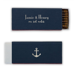 Set sail with the Nautical Pair Matchbox, showcasing the couple's names in elegant font on the front, accompanied by a playful "one hot match" in charming script. The back is adorned with a sea of nautical anchors, lending a maritime feel, perfect for couples celebrating their perfect union.