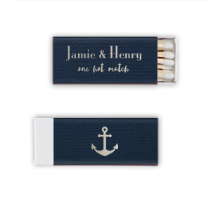 Set sail with the Nautical Pair Matchbox, showcasing the couple's names in elegant font on the front, accompanied by a playful "one hot match" in charming script. The back is adorned with a sea of nautical anchors, lending a maritime feel, perfect for couples celebrating their perfect union.