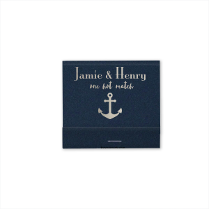 Set sail with the Nautical Pair Matchbox, showcasing the couple's names in elegant font on the front, accompanied by a playful "one hot match" in charming script. The back is adorned with a sea of nautical anchors, lending a maritime feel, perfect for couples celebrating their perfect union.