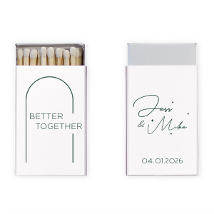 The Better Together Perfect Pair Names Match beautifully captures the sentiment of unity. The front showcases an arch with "better together" in bold capitals, symbolizing the couple's perfect pairing. The reverse side features the couple's names and event date in an artsy, flowing script, blending elegance and romance in every detail.