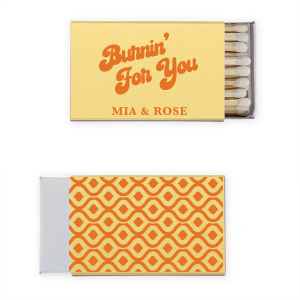 Ignite the spirit of the '70s with the Mod Mediterranean Groovy Script Matchbook, featuring boho fonts against vibrant, retro-inspired colors. These matchbooks are a fun flashback to groovy times, perfect for lighting up your celebration with vintage charm.