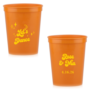 The Mod Mediterranean Let's Dance Cup features retro script lettering of the couple’s names and special date, accented with sparkling star details and the joyful party phrase “Let’s Dance.” Grab a set to keep drinks flowing and the energy high all night long. Go-to for wedding receptions and the dance floor!