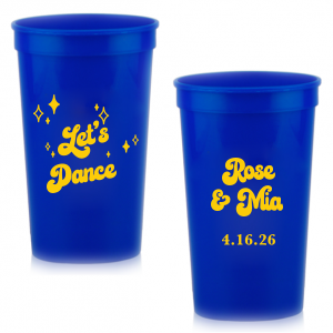 The Mod Mediterranean Let's Dance Cup features retro script lettering of the couple’s names and special date, accented with sparkling star details and the joyful party phrase “Let’s Dance.” Grab a set to keep drinks flowing and the energy high all night long. Go-to for wedding receptions and the dance floor!