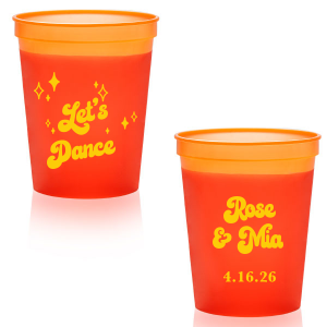 The Mod Mediterranean Let's Dance Cup features retro script lettering of the couple’s names and special date, accented with sparkling star details and the joyful party phrase “Let’s Dance.” Grab a set to keep drinks flowing and the energy high all night long. Go-to for wedding receptions and the dance floor!