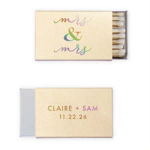 The ever-popular Natural Antique Rose Classic Matchbox with Shiny 18 Kt Gold Foil has a Classic Mrs & Mrs graphic and is good for use in Wedding, Words themed parties and can be customized to complement every last detail of your party.