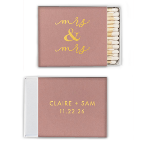 The ever-popular Natural Antique Rose Classic Matchbox with Shiny 18 Kt Gold Foil has a Classic Mrs & Mrs graphic and is good for use in Wedding, Words themed parties and can be customized to complement every last detail of your party.