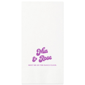 The Meet Me on the Dance Floor Retro Bubble Guest Towel features retro bubble lettering and a playful message for a fun, disco-inspired vibe. Add it to your restroom setup to keep the party going. Perfect for wedding receptions or late-night dance celebrations.