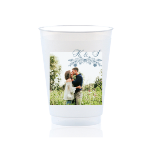 Our custom Matte Stone Blue Ink Custom Photo 16 oz Frost Flex Cup with Matte Stone Blue Ink Digital Print Colors has a Rose Laurel graphic and is good for use in Wedding, Floral themed parties and can be personalized to match your party's exact theme and tempo.