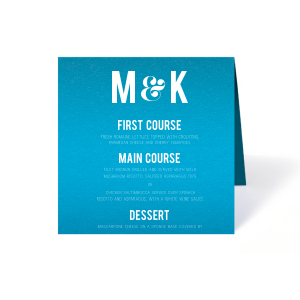 Feast your eyes on the Modern Bold Wedding Menu, where the couple's initials make a striking statement, joined by an artistic ampersand. The menu's courses stand out in confident caps, with enticing details below that promise a meal as modern and memorable as the celebration itself.