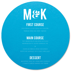 Feast your eyes on the Modern Bold Wedding Menu, where the couple's initials make a striking statement, joined by an artistic ampersand. The menu's courses stand out in confident caps, with enticing details below that promise a meal as modern and memorable as the celebration itself.