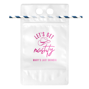 Let's Get Nashty! This custom drink pouch is ideal for your bachelor party or bachelorette party in Nashville. Your Nashville bachelorette party won't be complete without this personalized drink bag. Featuring a cowboy hat graphic, this party accessory will make your guests say yee-haw at a cowboy/cowgirl themed party, rodeo, or bachelorette party. 