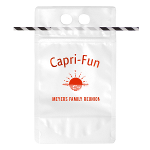 Sip, sip hooray! Our custom drink pouches are a hit at family reunions. This capri fun juice bag can be filled with your favorite juice or alcoholic beverage for the grown ups. 