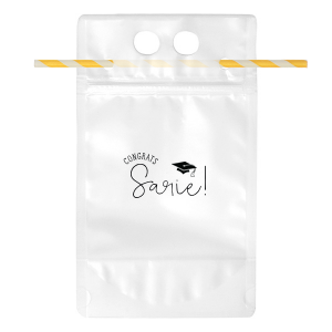 If you are planning a graduation party, our personalized drink pouches are the ideal addition to your event. Customize with your first name. An adorable graduation cap clipart makes this design even cuter. 
