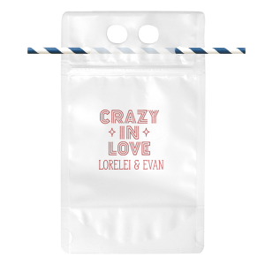This retro drink pouch design is perfect for a 70s themed wedding or event. The bold crazy in love clipart is in a funky font that will look even better filled with your favorite beverage, alcoholic or not. Personalize this drink bag with your name. 