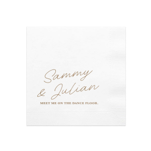 The Flirty Script Meet Me On The Dance Floor features flowing calligraphy paired with a subtle invitation phrase for a romantic reception detail. Set it out to guide guests toward celebration and connection. A Go-to for wedding receptions and first dances.