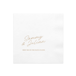 One of our best selling designs, Mod Mediterranean Meet Me on The Dance Floor, takes a flirty twist with this personalized cocktail napkin. Perfect for a classy and classic wedding. 