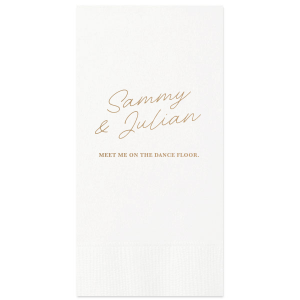 The Flirty Script Meet Me On The Dance Floor features flowing calligraphy paired with a subtle invitation phrase for a romantic reception detail. Set it out to guide guests toward celebration and connection. A Go-to for wedding receptions and first dances.