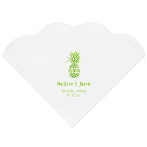 Savor the essence of island life with the Aloha Pineapple Napkin. A cheerful pineapple stamped with 'Aloha' sets a laid-back, tropical scene, while the couple's names and date below promise a future as bright as Hawaiian sunshine