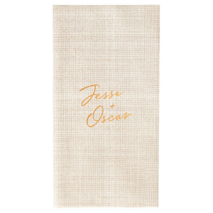 The Hinterland Honeymoon Names Napkin offers a unique twist on traditional placement. Tucked in the upper left corner, the couple's first names are scripted with flair and creativity. This off-center approach, combined with a vibrant font, subtly draws attention, adding a touch of unconventional charm to the napkin's design, perfect for couples who appreciate a blend of elegance and creative expression.