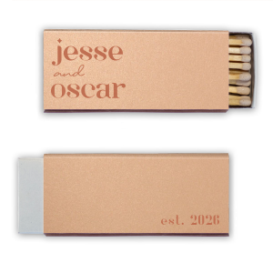 This Hinterland Honeymoon Minimal Matchbox features modern lowercase typography with an “est.” year detail for a sleek, contemporary statement. Customize yours to add a stylish finishing touch to your reception décor. Fitting for wedding celebrations or rehearsal dinner favors.