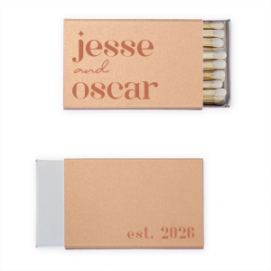 This Hinterland Honeymoon Minimal Matchbox features modern lowercase typography with an “est.” year detail for a sleek, contemporary statement. Customize yours to add a stylish finishing touch to your reception décor. Fitting for wedding celebrations or rehearsal dinner favors.