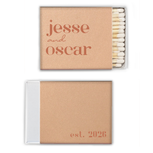 This Hinterland Honeymoon Minimal Matchbox features modern lowercase typography with an “est.” year detail for a sleek, contemporary statement. Customize yours to add a stylish finishing touch to your reception décor. Fitting for wedding celebrations or rehearsal dinner favors.