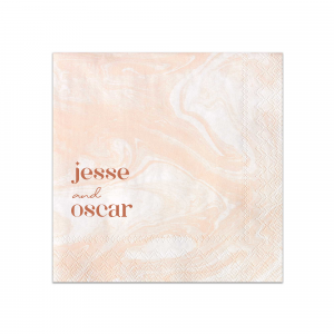 Custom Marble Blush Cocktail Napkin with Satin Copper Penny Foil will make your guests swoon. Personalize your party's theme today.