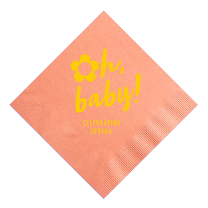 The Oh, Baby! Flower Power Napkin features playful handwritten lettering paired with a cheerful flower icon above the baby’s name for a bright, retro look. Add it to your celebration to spread joy and create a fun party detail guests will love. Perfect for baby showers!