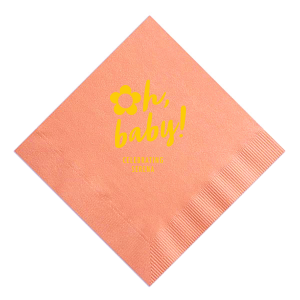 The Oh, Baby! Flower Power Napkin features playful handwritten lettering paired with a cheerful flower icon above the baby’s name for a bright, retro look. Add it to your celebration to spread joy and create a fun party detail guests will love. Perfect for baby showers!