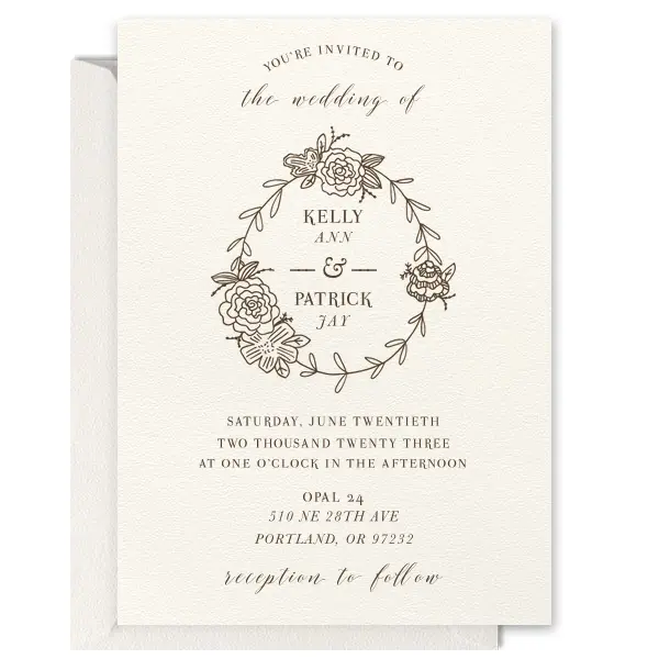 Embrace a future of love and luck with the Peony Frame Wedding Invitation, adorned with a hand-drawn peony wreath symbolizing prosperity and joy. The couple's names are tenderly framed within, inviting guests to a celebration graced with floral elegance and heartfelt promise