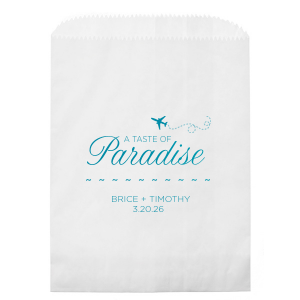 Embark on a tropical journey with the Paradise Destination Gift Bag featuring 'Paradise' in vibrant script with an airplane soaring above. Beneath this scene, the couple's names and date await, inviting guests to your sun-kissed celebration.