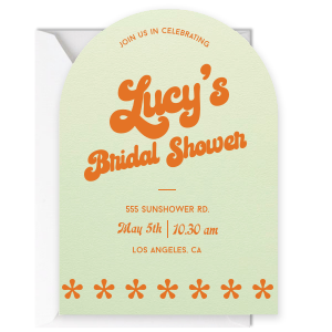Celebrate the bride with a fun retro arch invitation. Personalize this design with the bride to be's name and the location of the event. 