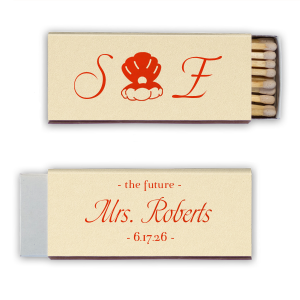 Pearls of Possibilities. Embrace the future with Pearl Oyster Bridal Shower Matchbox. Featuring the bride and groom’s initials with an elegant open oyster and pearl, this design captures the beauty of life's hidden treasures. On the reverse, the words "The Future" and the soon-to-be married name symbolize the exciting journey ahead. A beautiful nod to new beginnings and endless possibilities.