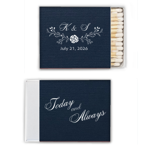 The Elegant Floral Forever Wedding  Match features a peony-adorned bough elegantly framing the couple's initials in refined script, with the event date below. The reverse side, inscribed "Today and Always" in graceful script, symbolizes eternal love, making it a sophisticated keepsake for one's wedding day.