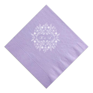 The Blossoming Floral Frame Napkin design features a regal wreath of roses, peonies, and lush greenery, symbolizing love's abundance. At its heart, the couple's initials intertwine in an elegant script, capturing the essence of unity and togetherness within this charming, botanical motif.
